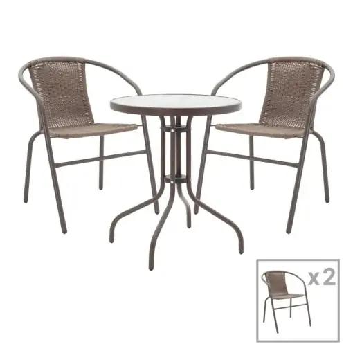 Ofertă limitată Set masa de gradina si 2 scaune, Model Obbi-Watson, culoare maro, metal si sticla securizata si poliratan, 60x60x70 cm