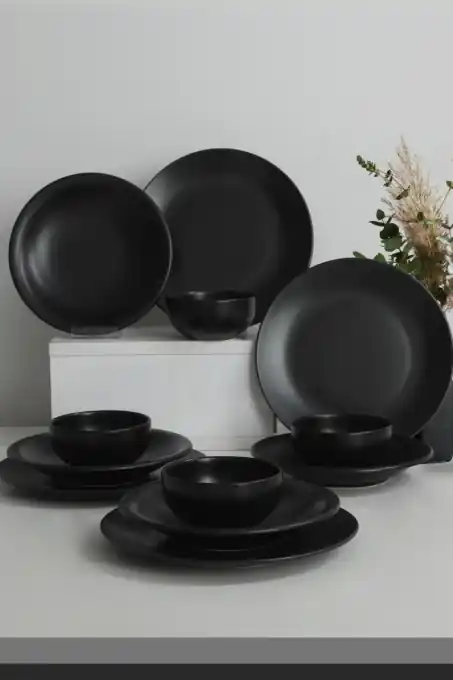 Ieftin Set veselă din ceramică, 12 bucati Sanitas ceta Negru 26x26x3.7 cm