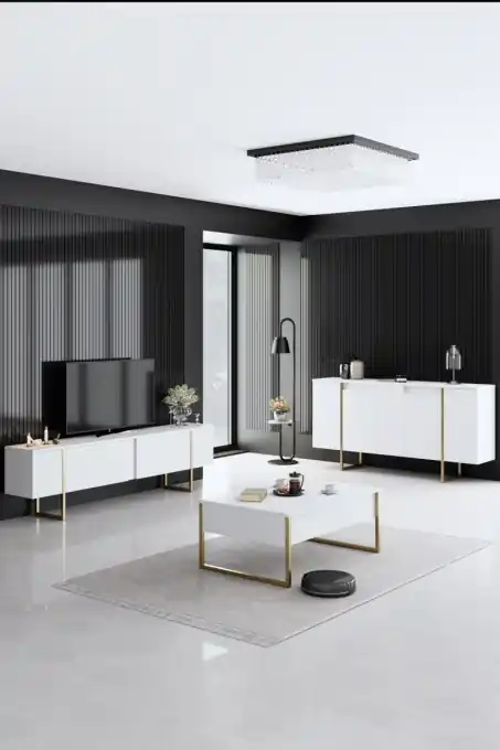 Set mobilier living Model Luxe, Alb/Auriu, 160x35x80 cm Reducere extra