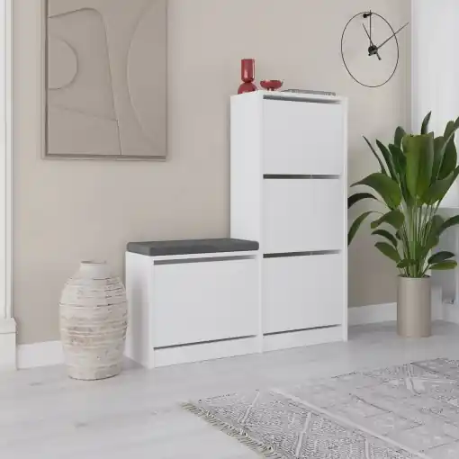 Dulap de pantofi cu banca Dude Alb 105x118.5x26 cm Preț promoțional