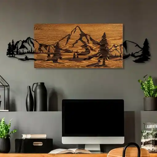 Tablou din lemn si metal Mountain Nuc 29x93 cm Reducere de preț