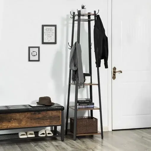 Cuier tip pom cu rafturi Model Good, Maro Rustic/Negru, 43x43x180 cm Reducere specială