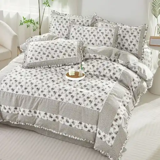 Lenjerie cu Broderie si Volanase Grey Garden, 4 Piese (Finet) Super ofertă