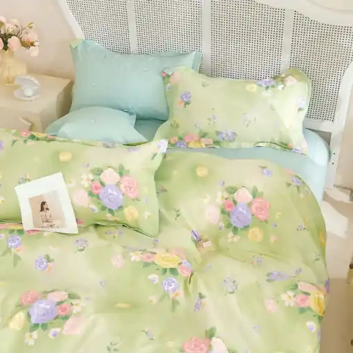 Lenjerie cu Elastic 180x200, Green Garden 4 Piese (Bumbac 100% Percale) Reducere specială