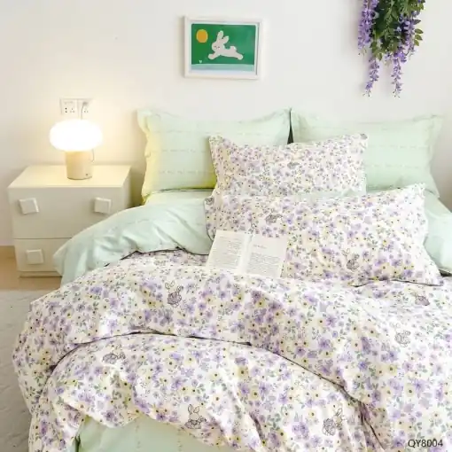Ofertă de sezon Lenjerie cu Elastic 180x200, Purple Blossom 4 Piese (Bumbac 100% Percale)