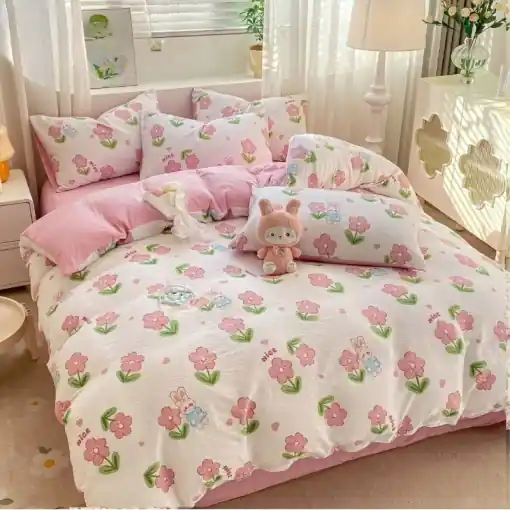 Lenjerie creponata cu elastic 140x200 cm, Pinky Rabbit (Finet) Ieftin