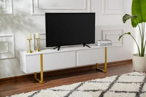 Preț mic Comoda TV Model Serenity, Alb/Auriu