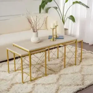 Livrare rapidă Set masute de cafea Model Defne, Auriu/Travertin