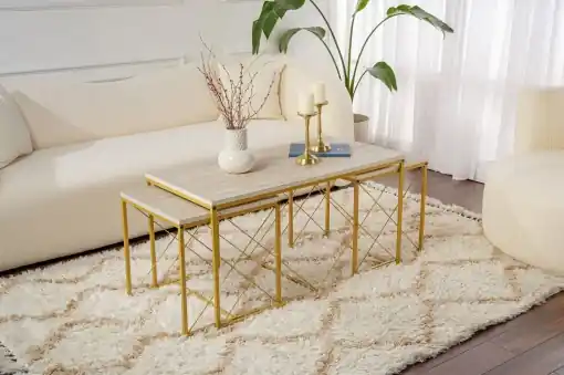Livrare rapidă Set masute de cafea Model Defne, Auriu/Travertin