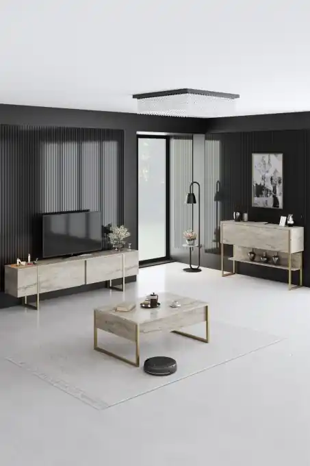 Set de mobilier pentru camera de zi Model Luxe, Travertin/Auriu Vezi acum