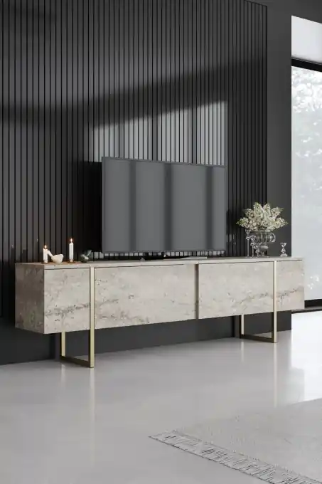 Comoda TV Model Luxe, Travertin/Auriu Cumpără online