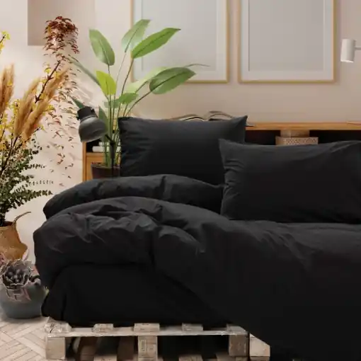 Mai ieftin Lenjerie de pat dublu Neat Negru 4 Piese (Bumbac 100% Poplin prespalat)