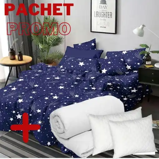 Pachet Lenjerie + Pilota + Perne Blues 6 Piese (Finet) Retur ușor