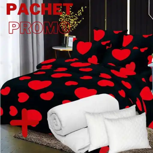 Reduceri Pachet Lenjerie + Pilota + Perne Black Heart 6 Piese (Finet)