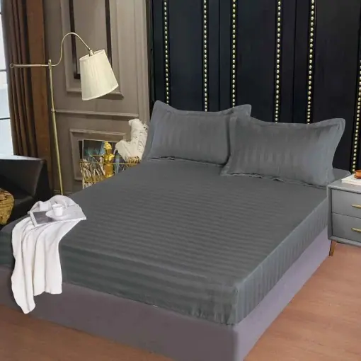 Cearsaf cu elastic 160x200 cm si 2 Fete de Perna Damasc, Atlas V3 Gri Inchis (Finet) Premium