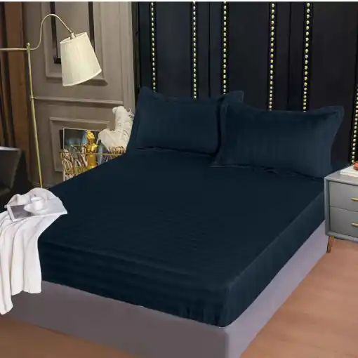 Cearsaf cu elastic 160x200 cm si 2 Fete de Perna Damasc, Atlas Navy (Finet) Premium