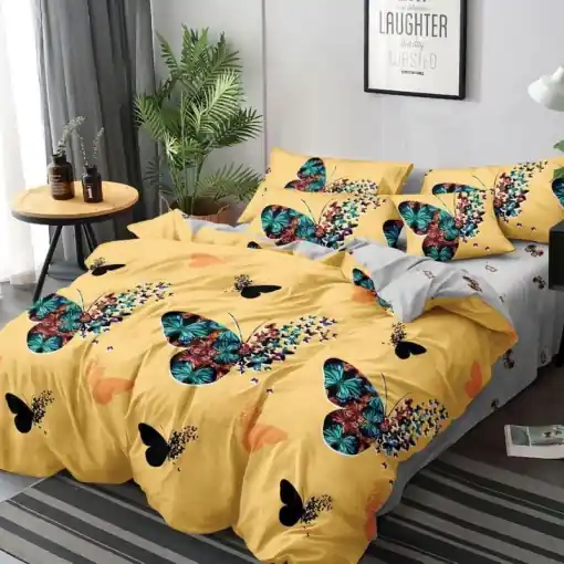 Cel mai bun preț Lenjerie cu Elastic 180x200 cm, Yellow Butterfly 6 Piese (Finet)