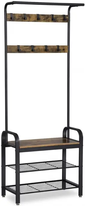Cuier cu bancuta si suport pantofi Model Clay, Maro Rustic/Negru, 183x72x33.7 cm Calitate înaltă
