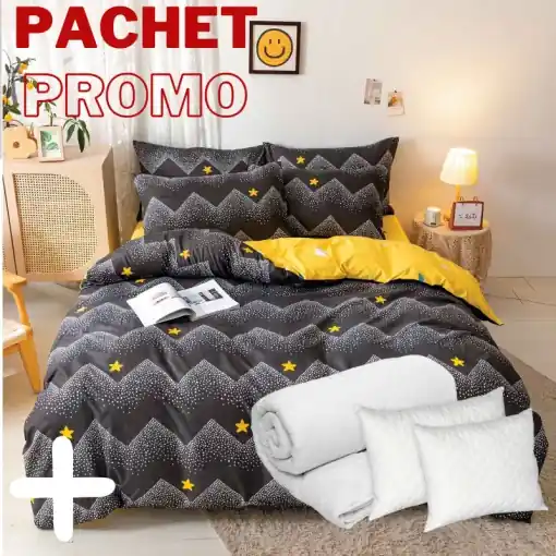 Ofertă specială Pachet Lenjerie + Pilota + Perne Yellow Star 4 Piese