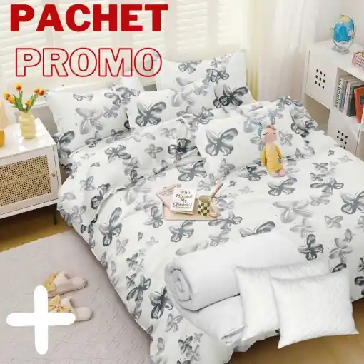 Preț redus Pachet Lenjerie + Pilota + Perne Pastel Butterfly 4 Piese