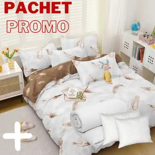 Pachet Lenjerie + Pilota + Perne Brown Feather 4 Piese Reducere