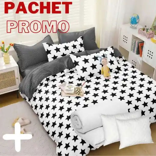 Plată securizată Pachet Lenjerie + Pilota + Perne Black Stars 4 Piese
