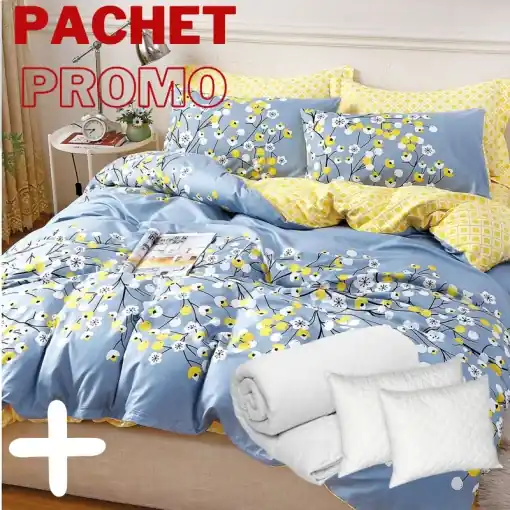 Pachet Lenjerie + Pilota + Perne Yellow Blossom 4 Piese Retur gratuit