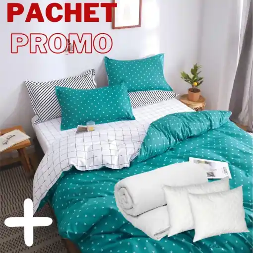 Livrare expres Pachet Lenjerie + Pilota + Perne Minty Dots 4 Piese