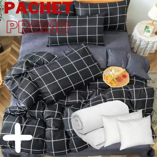 Pachet Lenjerie + Pilota + Perne Black Squares 4 Piese Retur ușor