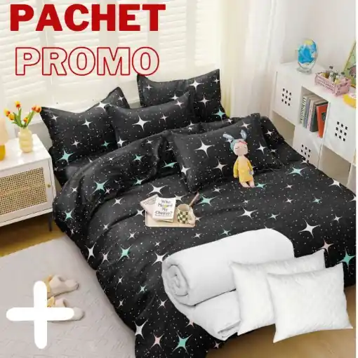 Pachet Lenjerie + Pilota + Perne Colorful Sky 4 Piese Preț mic