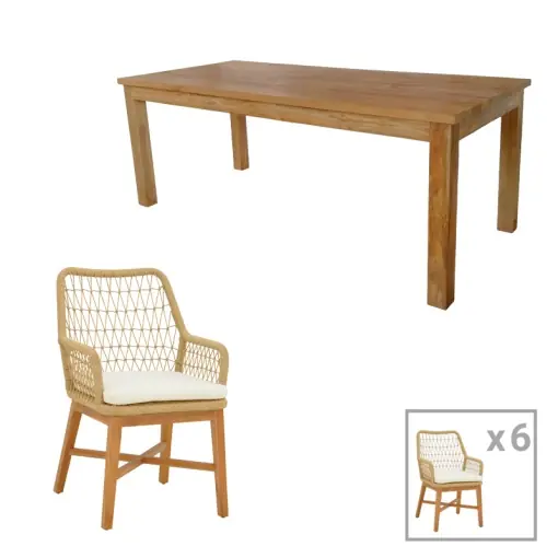 Set Masa si Scaune de Exterior, 7 Piese, Model Elaiza-Wooly, Natural/Bej, 220x90x75 cm Ofertă limitată