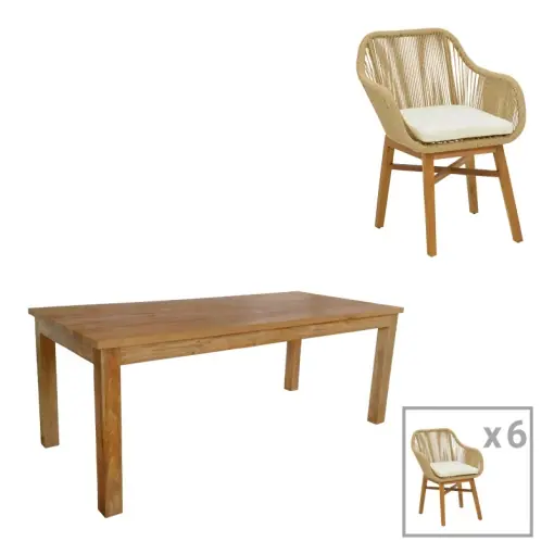 Ofertă limitată Set Masa si Scaune de Exterior, 7 Piese, Model Kalie-Wooly, Natural/Bej, 220x90x75 cm