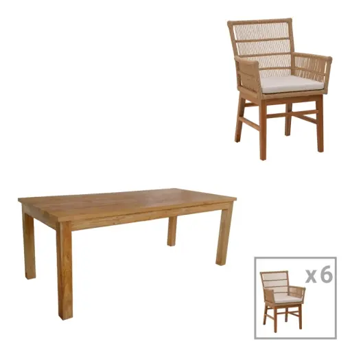 Set Masa si Scaune de Exterior, 7 Piese, Model Inca-Wooly, Natural/Bej, 220x90x75 cm Discount