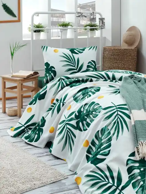 Livrare rapidă Cuvertura Pique pentru pat 1 Persoana Model Monstera Green