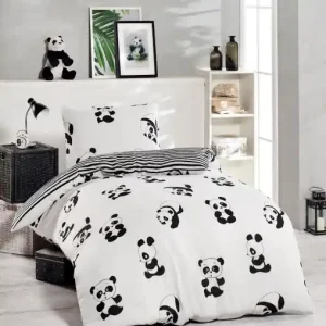 Lenjerie de pat 1 Persoana Model Panda Black Ofertă specială