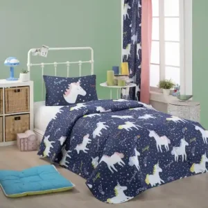 Retur gratuit Cuvertura Matlasata 1 Persoana Model Magic Unicorn Dark Blue