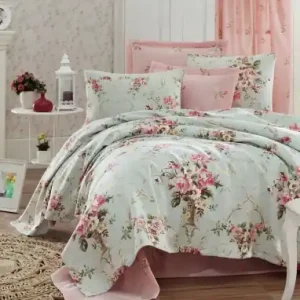 Set Cuvertura Pique pentru pat 1 Persoana Model Alanur Mint v2 Reducere specială