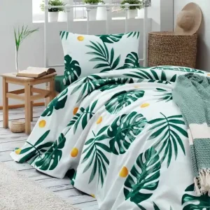 Discount Set Cuvertura Pique pentru pat 1 Persoana Model Monstera Green v2