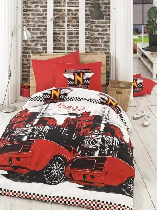 Lenjerie de pat 1 Persoana Model Bolide Red Reducere de preț