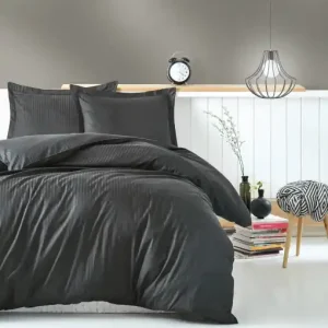Lenjerie de pat dublu, Bumbac 100% Satinat Model Stripe Anthracite Reducere specială