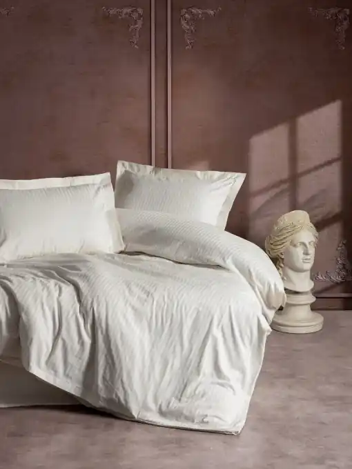 Lenjerie de pat dublu, Bumbac 100% Satinat Model Stripe Ecru Ofertă de sezon