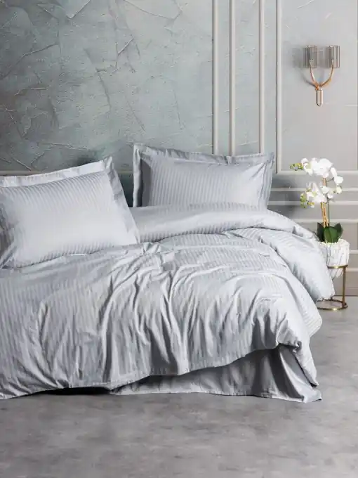 Lenjerie de pat dublu, Bumbac 100% Satinat Model Stripe Grey Chilipir