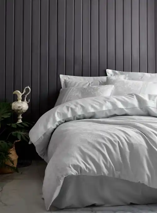 Discount Lenjerie de pat dublu, Bumbac 100% Satinat Model Leaf Ice Blue