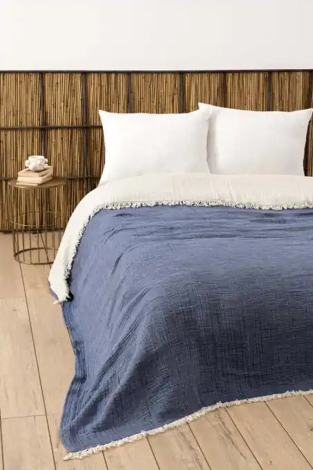 Cumpărături sigure Cuvertura pentru Pat Dublu Model Muslin Navy Blue v2