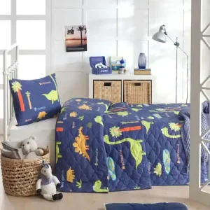 Discount Set Cuvertura de pat 1 Persoana Model Dinolar Dark Blue