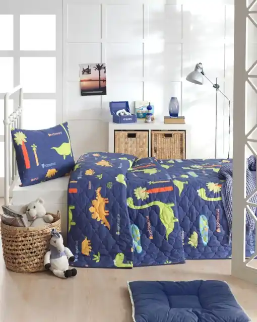 Discount Set Cuvertura de pat 1 Persoana Model Dinolar Dark Blue