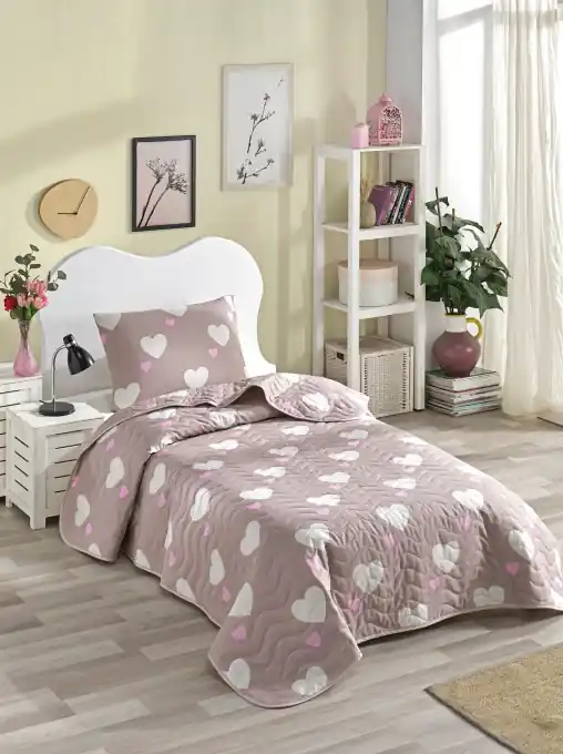 Set Cuvertura de pat 1 Persoana Model Herz Dusty Rose Premium