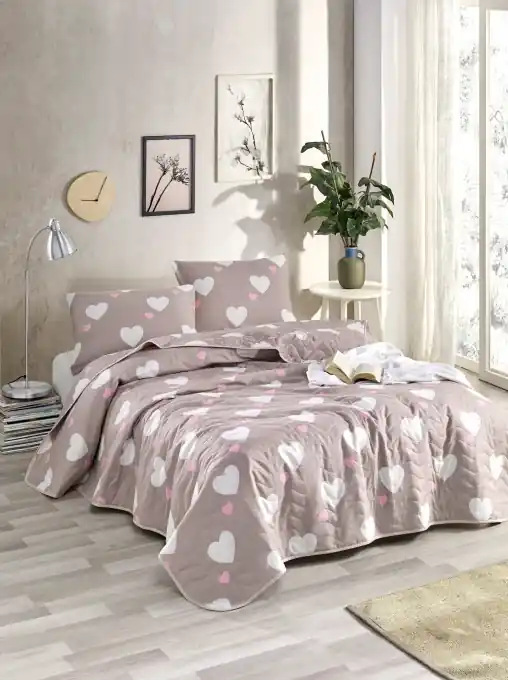 Reducere extra Set Cuvertura Pat Dublu Model Herz Dusty Rose
