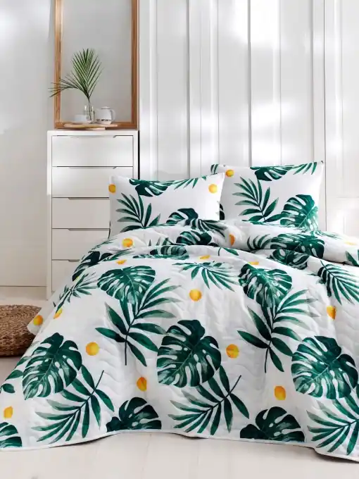Doar azi Set Cuvertura Pat Dublu Model Kapitone Monstera Green