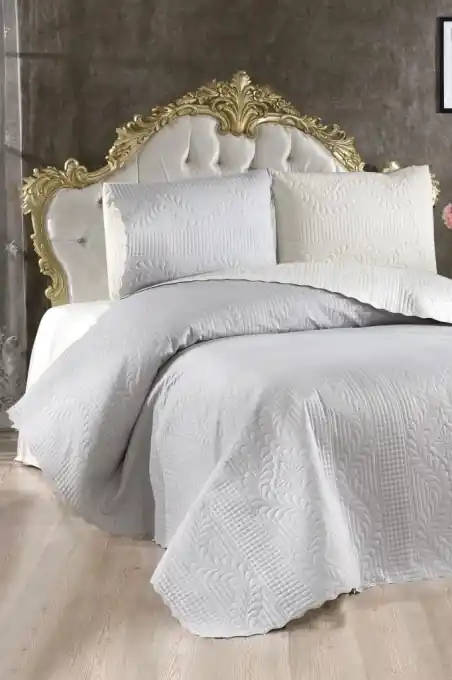 Set Cuvertura Pat Dublu Model Sanem Cream, Grey Reducere de preț